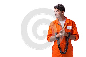 The prisoner with his hands chained isolated on white background