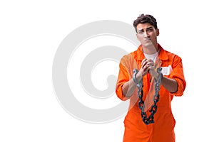 The prisoner with his hands chained isolated on white background