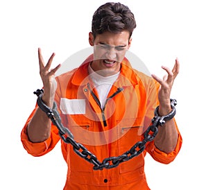 Prisoner with his hands chained isolated on white background