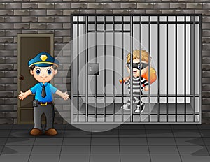 Prisoner in the jail being guarded by prison guards