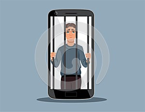 Prisoner Man Behind Bars in a Cell Phone Jail Vector Illustration
