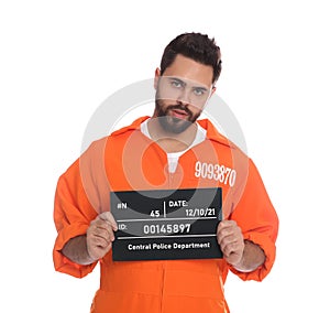 Prisoner with mugshot letter board on white background