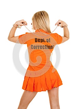 Prisoner orange back arms up handcuffs