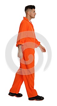 Prisoner in orange jumpsuit on white background