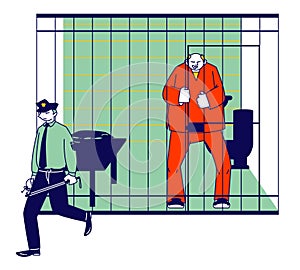 Prisoner in Prison Jail Concept. Policeman with Stick Passing by Man in Orange Jumpsuit Stand in Cell