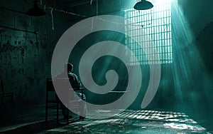 A prisoner sits on a chair in a gloomy cell, facing an empty chair, embodying the solitude of incarceration.