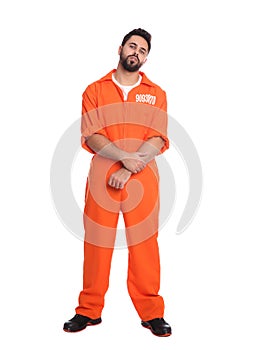 Prisoner in special jumpsuit on white background