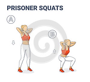 Prisoner Squats Feale Home Workout Exercise Guide. Squatting Athletic Young Woman in Sportswear Exercising on Her Butt.