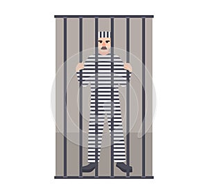 Prisoner wearing striped uniform in jail or prison cell. Detainee locked up in room with metal grid. Arrested man