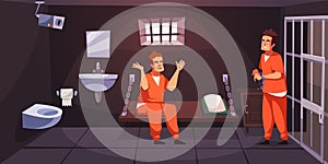 Prisoners in cell. Criminals serving punitive sentence, guys in orange jumpsuits, prison interior, bunk, bars and