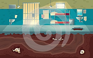 Prisoners escape from jail cartoon vector concept