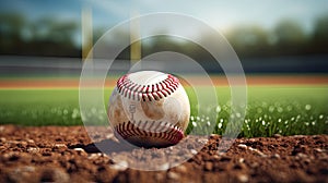 a pristine baseball resting on the infield grass, highlighting the details of the baseball's stitching and texture