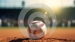 a pristine baseball resting on the infield grass, highlighting the details of the baseball's stitching and texture