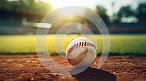 a pristine baseball resting on the infield grass, highlighting the details of the baseball's stitching and texture