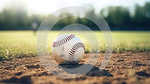 a pristine baseball resting on the infield grass, highlighting the details of the baseball's stitching and texture