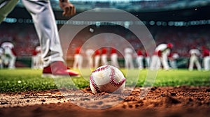 a pristine baseball resting on the infield grass, highlighting the details of the baseball& x27;s stitching and texture