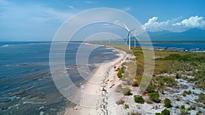 A pristine beach dotted with wind turbines and solar panels indicating the use of renewable energy in the algae