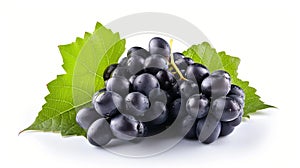 Pristine Beauty: Captivating Black Grape Cluster with Leaves Gracefully Isolated on a White Backdrop