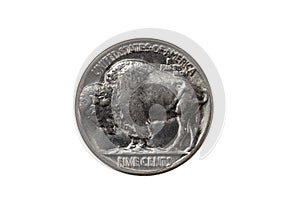 Pristine Buffalo Nickel on white background