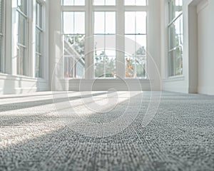 Pristine carpet in an airy, empty room, windows letting in soft light, noon, eye-level shot, vivid detail