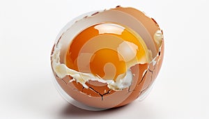 A pristine cracked brown egg with a vivid orange yolk, set against a white backdrop