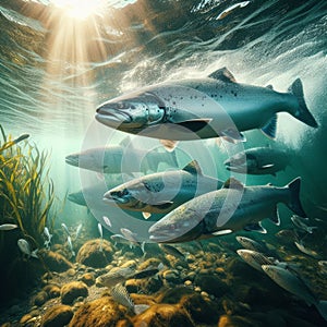 Salmon swim upstream in crystal clear water photo