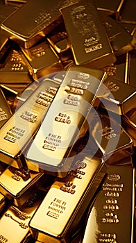 Pristine gold bars in a currency reserve, without any markings, seen up close