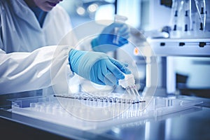 pristine lab, scientist gloved hands deftly wield micro pipette, medical analysis process