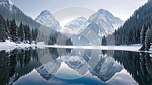 A pristine lake sits nestled amidst towering mountains blanketed in glistening snow, Icy mountain peaks reflected in a calm lake