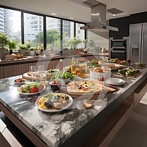 A pristine and modern kitchen with a marble countertop