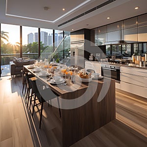 A pristine and modern kitchen with a marble countertop