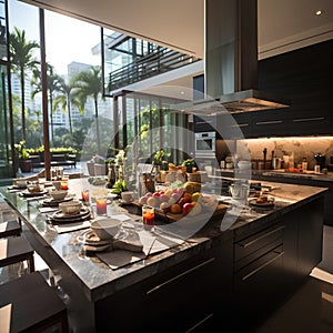 A pristine and modern kitchen with a marble countertop