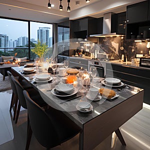 A pristine and modern kitchen with a marble countertop