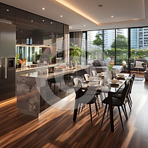 A pristine and modern kitchen with a marble countertop