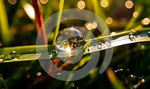 Pristine morning dew drop glistening on lush blade of grass, generative AI