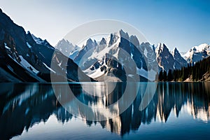 A pristine mountain lake reflecting the snow-capped peaks and a deep blue sky