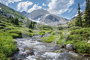 Pristine mountain stream flowing through a remote alpine valley