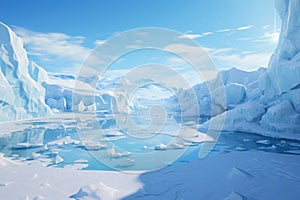 Pristine polar landscape, icebergs, and a clear blue sky