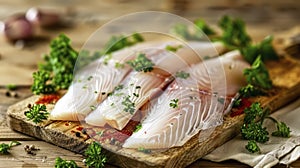 A Pristine Raw Fish Fillet Garnished with Parsley on a Wooden Cutting Board