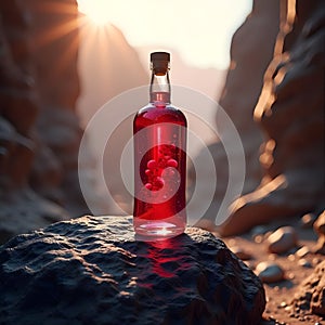 Pristine Ruby Tonic Bottle Gleaming on Black Rock in Sunlit Canyon photo