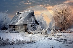 Pristine Rural winter landscape village house. Generate Ai