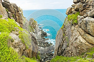 Pristine sea with rocky cliff at Dai Lanh cape point, Mui Dien, Phu Yen province, easternmost of Viet nam.