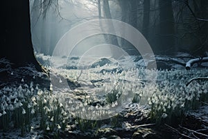 Pristine Snowdrops forest violet blossom at mountains. Generate Ai