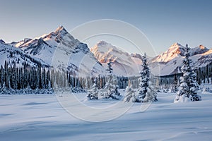 Pristine snowfield with mountain backdrop photo