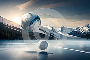 A pristine soccer ball in mid-flight, about to score a goal