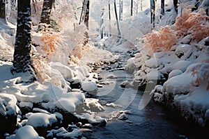 A pristine stream flows gently through a snowy forest, its banks lined with golden, frost-kissed foliage