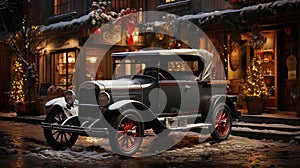 Pristine Vintage Car Parked Outside The Festively Christmas Decorated Shops. Generative AI
