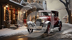 Pristine Vintage Car Parked Outside The Festively Christmas Decorated Shops. Generative AI