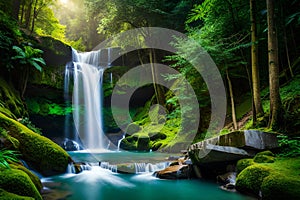 A pristine waterfall hidden within a dense, lush rainforest, surrounded by vibrant greenery