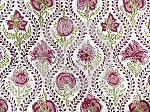 Pristine White Canvas Blossoms: Intricate Pink Floral Creeper Block Print on Cotton Fabric
